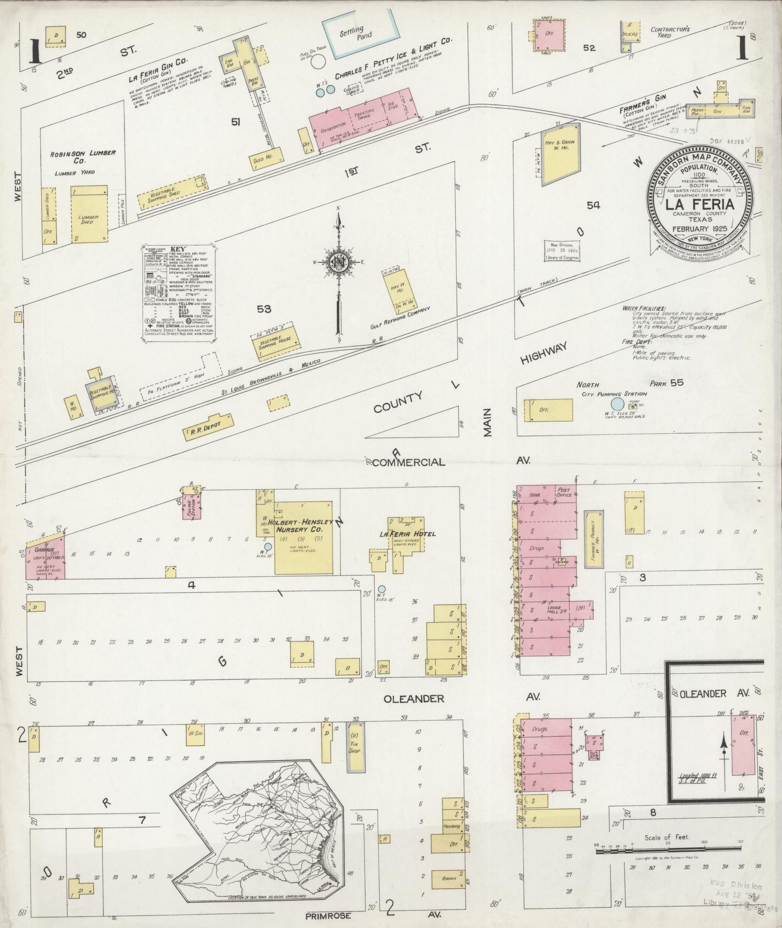 Sanborn Fire Insurance Map from La Feria, Cameron County, Texas (1925), Sheet #0001 - Historic Sanborn Fire Insurance Map Print, vintage old map wall art, antique decor, genealogy gift, Texas Texas map