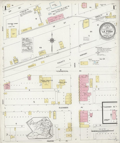 Sanborn Fire Insurance Map from La Feria, Cameron County, Texas (1925), Sheet #0001 - Historic Sanborn Fire Insurance Map Print, vintage old map wall art, antique decor, genealogy gift, Texas Texas map