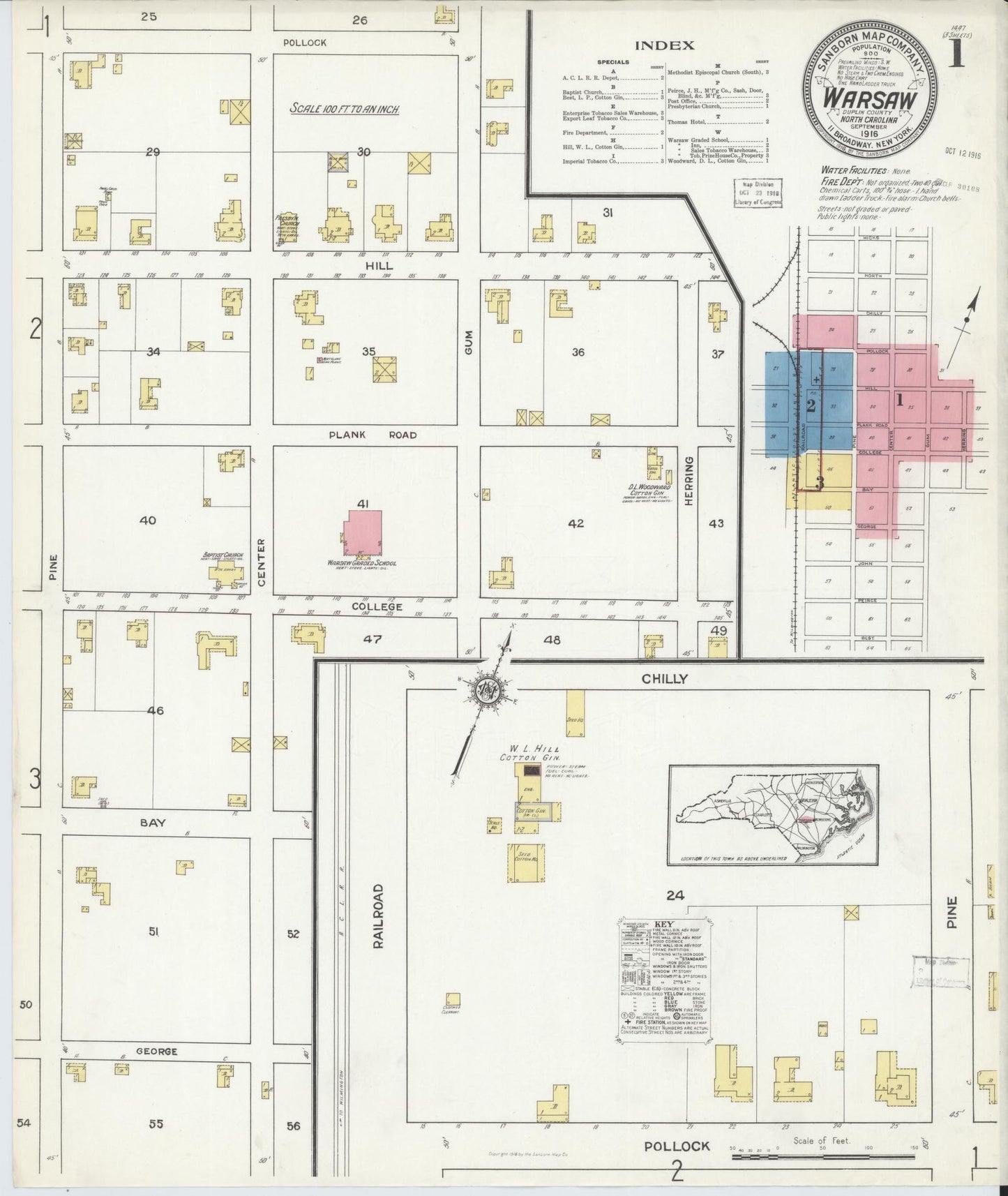 Sanborn Fire Insurance Map from Warsaw, Duplin County, North Carolina (1916), Sheet #0001 - Historic Sanborn Fire Insurance Map Print, vintage old map wall art, antique decor, genealogy gift, North Carolina North Carolina map