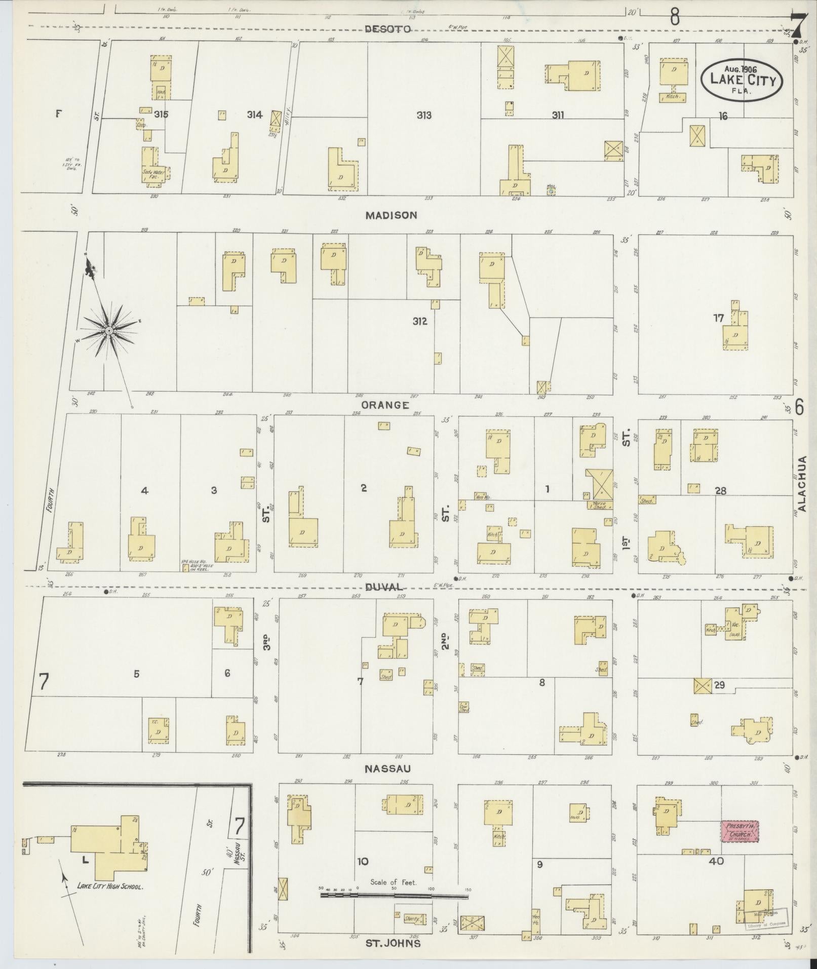 Sanborn Fire Insurance Map from Lake City, Columbia County, Florida (1906), Sheet #0007 - Complete Map Set gallery image, historic Sanborn map, vintage wall art, Florida Florida