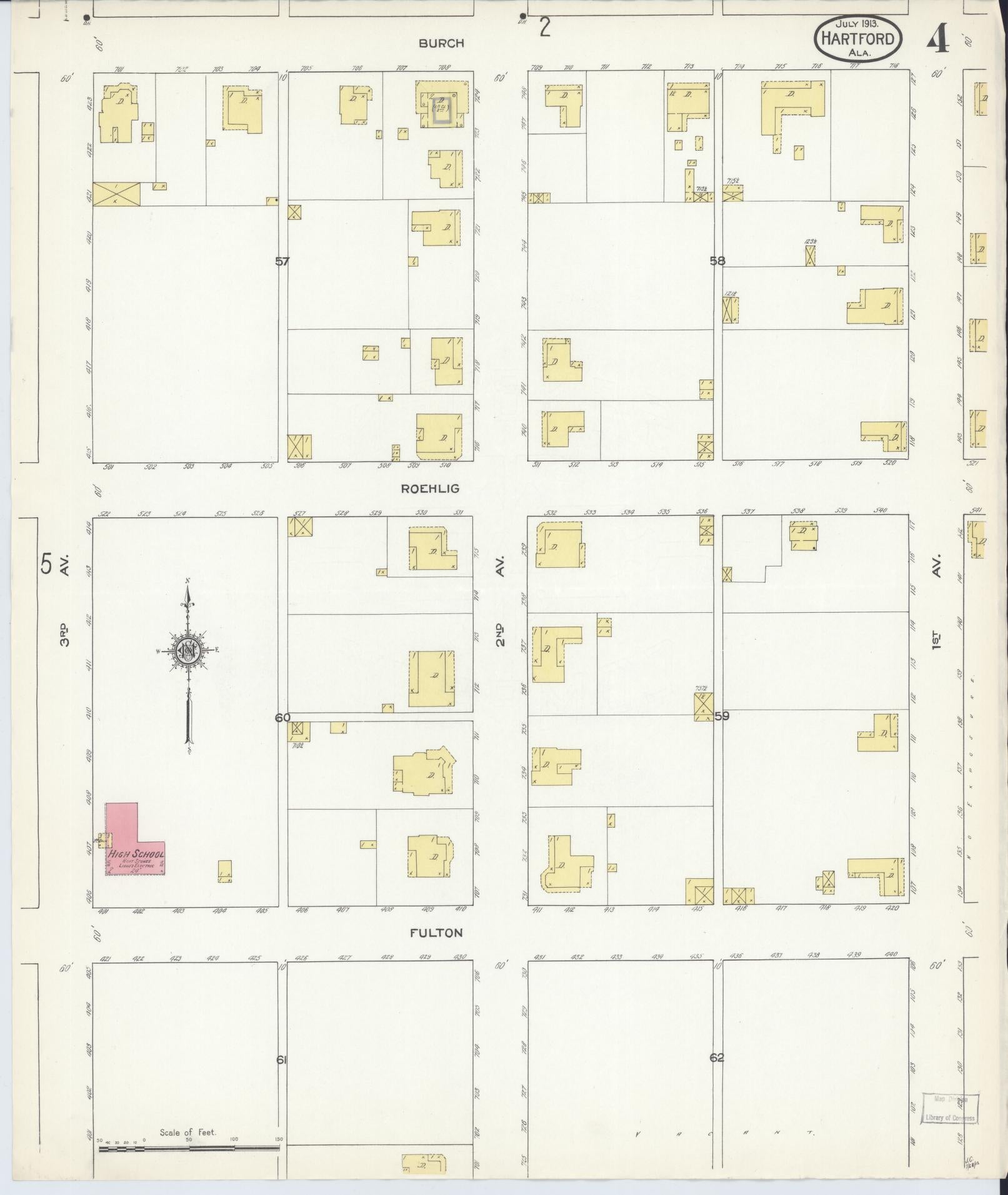 Sanborn Fire Insurance Map from Hartford, Geneva County, Alabama (1913), Sheet #0004 - Complete Map Set gallery image, historic Sanborn map, vintage wall art, Alabama Alabama