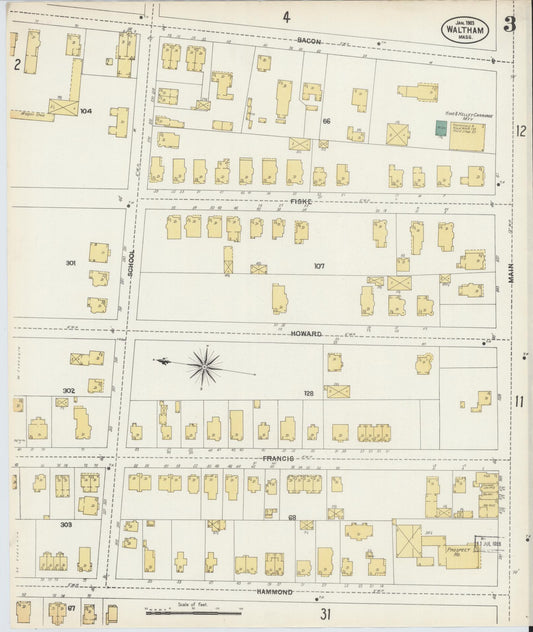 Sanborn Fire Insurance Map from Waltham, Middlesex County, Massachusetts (1903), Sheet #0003 - Historic Sanborn Fire Insurance Map Print, vintage old map wall art, antique decor, genealogy gift, Massachusetts Massachusetts map