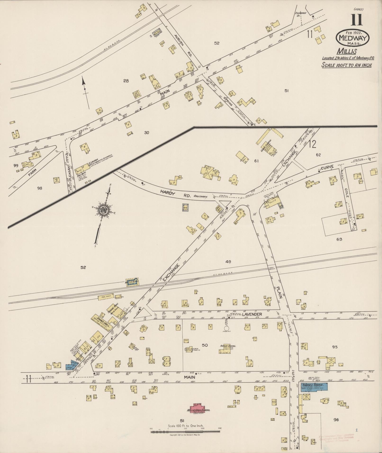 Sanborn Fire Insurance Map from Medway, Norfolk County, Massachusetts (1922), Sheet #0011 - Historic Sanborn Fire Insurance Map Print, vintage old map wall art, antique decor, genealogy gift, Massachusetts Massachusetts map
