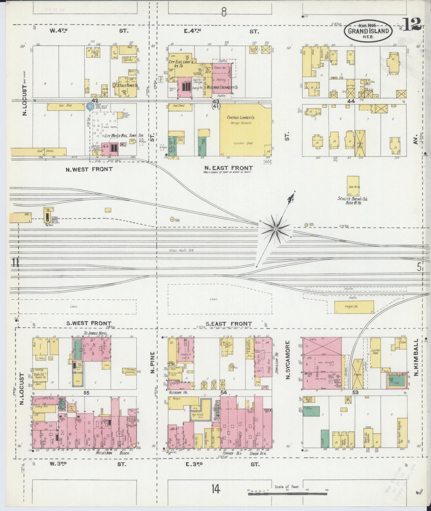 Sanborn Fire Insurance Map from Grand Island, Hall County, Nebraska (1905), Sheet #0012 - Historic Sanborn Fire Insurance Map Print, vintage old map wall art, antique decor, genealogy gift, Nebraska Nebraska map