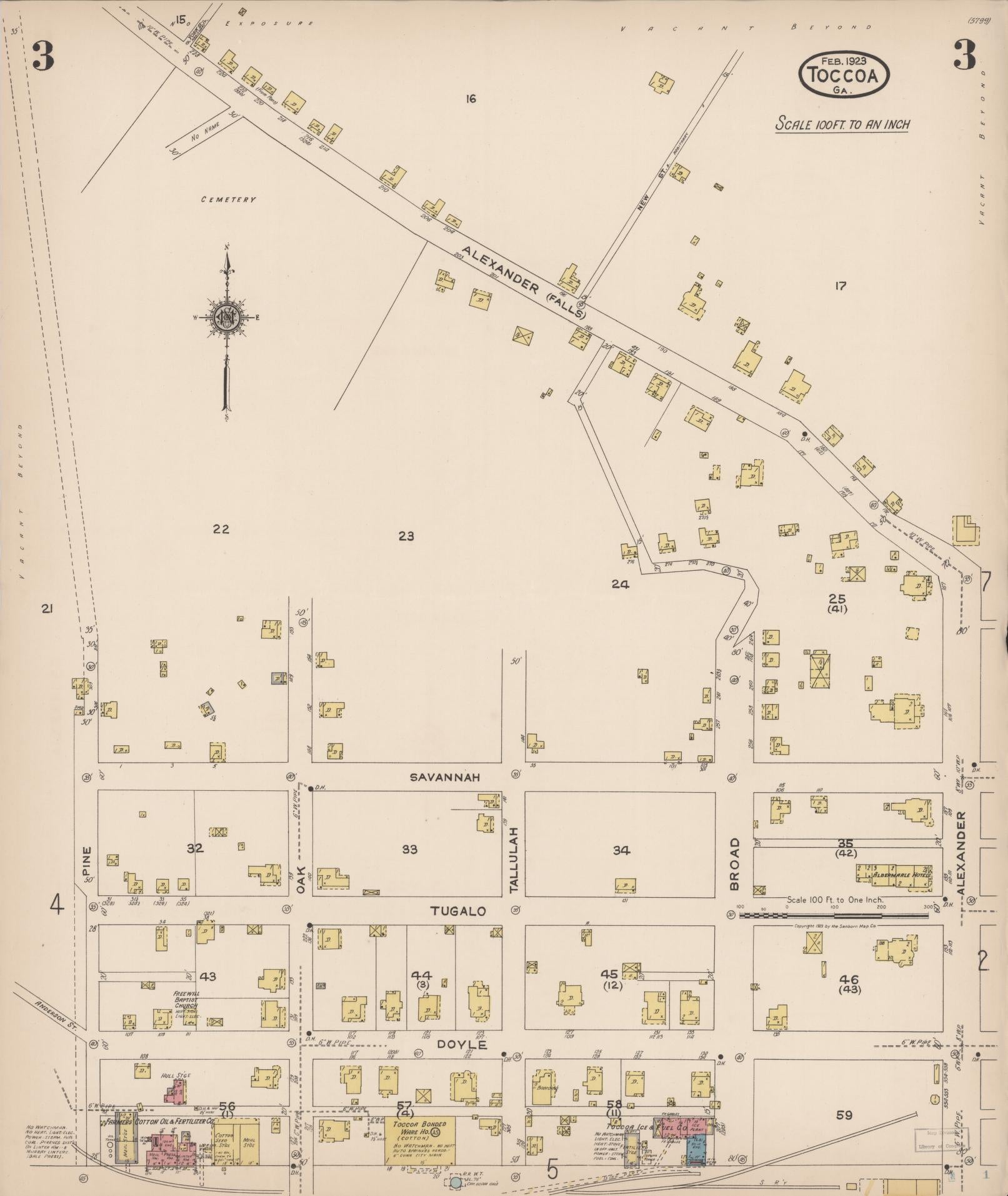Sanborn Fire Insurance Map from Toccoa, Stephens County, Georgia (1923), Sheet #0003 - Historic Sanborn Fire Insurance Map Print, vintage old map wall art, antique decor, genealogy gift, Georgia Georgia map