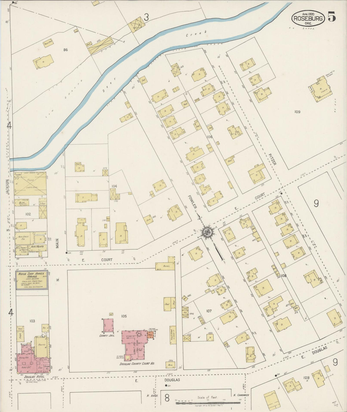 Sanborn Fire Insurance Map from Roseburg, Douglas County, Oregon (1920), Sheet #0005 - Historic Sanborn Fire Insurance Map Print, vintage old map wall art, antique decor, genealogy gift, Oregon Oregon map
