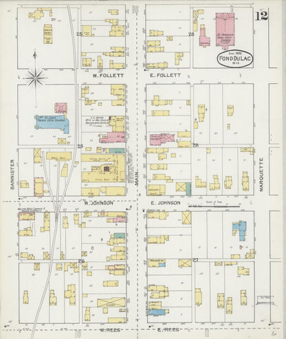 Sanborn Fire Insurance Map from Fond du Lac, Fond du Lac County, Wisconsin (1892), Sheet #0012 - Historic Sanborn Fire Insurance Map Print, vintage old map wall art, antique decor, genealogy gift, Wisconsin Wisconsin map