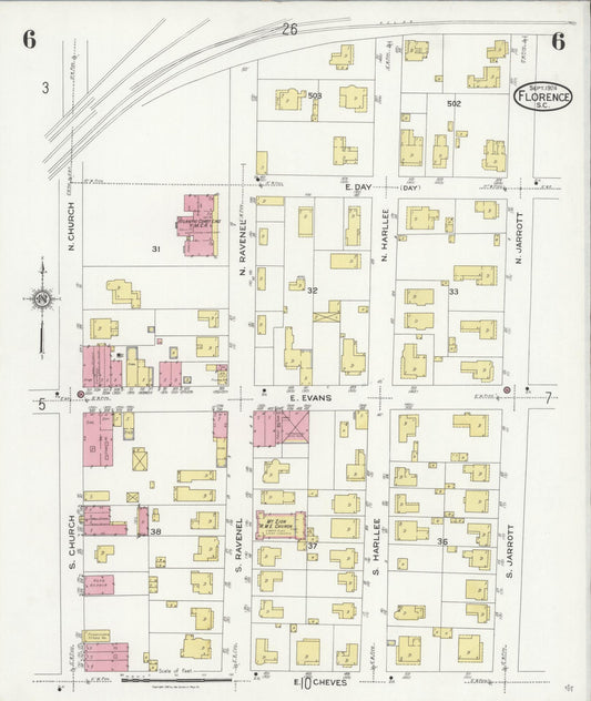 Sanborn Fire Insurance Map from Florence, Florence County, South Carolina (1924), Sheet #0006 - Historic Sanborn Fire Insurance Map Print, vintage old map wall art, antique decor, genealogy gift, South Carolina South Carolina map