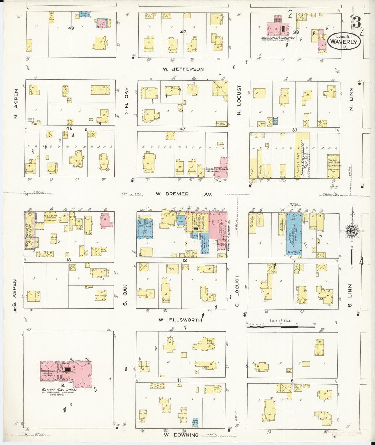 Sanborn Fire Insurance Map from Waverly, Bremer County, Iowa (1915), Sheet #0003 - Historic Sanborn Fire Insurance Map Print, vintage old map wall art