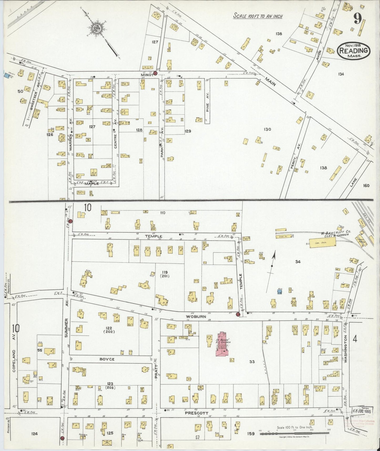 Sanborn Fire Insurance Map from Reading, Middlesex County, Massachusetts (1918), Sheet #0009 - Historic Sanborn Fire Insurance Map Print, vintage old map wall art, antique decor, genealogy gift, Massachusetts Massachusetts map
