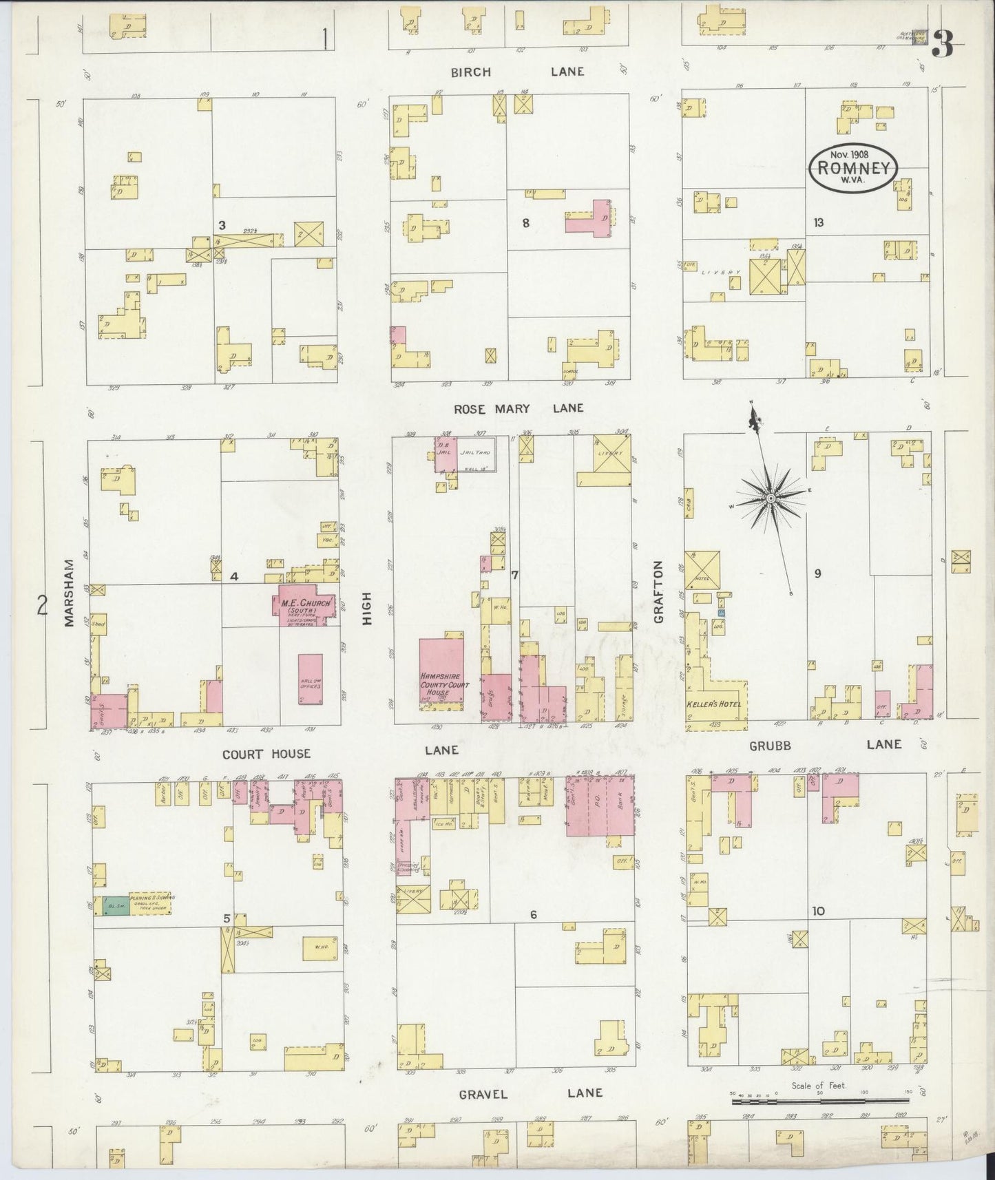 Sanborn Fire Insurance Map from Romney, Hampshire County, West Virginia (1908), Sheet #0003 - Complete Map Set gallery image, historic Sanborn map, vintage wall art, West Virginia West Virginia