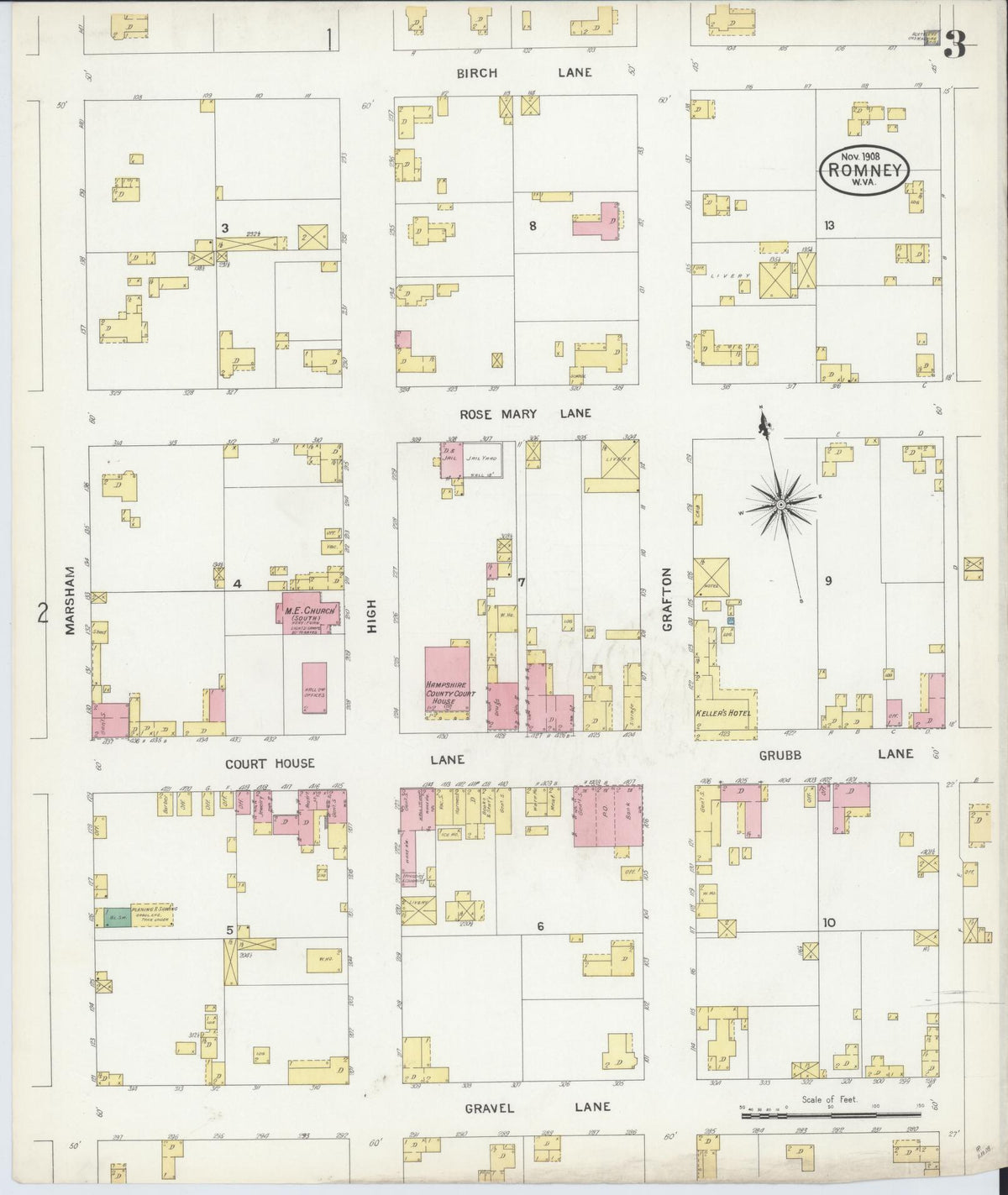 Sanborn Fire Insurance Map from Romney, Hampshire County, West Virginia (1908), Sheet #0003 - Complete Map Set gallery image, historic Sanborn map, vintage wall art, West Virginia West Virginia