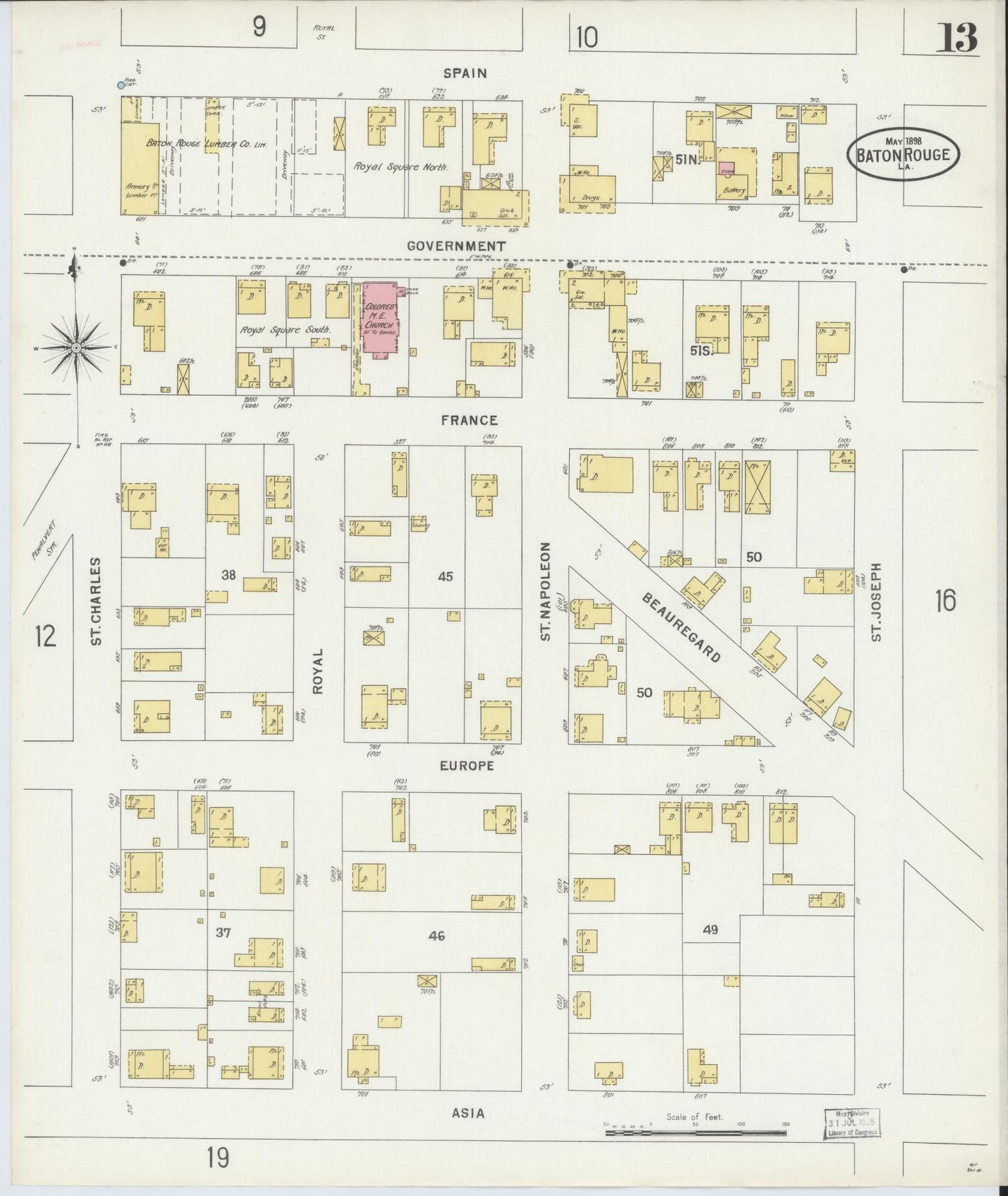 Sanborn Fire Insurance Map from Baton Rouge, East Baton Rouge Parish, Louisiana (1898), Sheet #0013 - Complete Map Set gallery image, historic Sanborn map, vintage wall art, Louisiana Louisiana