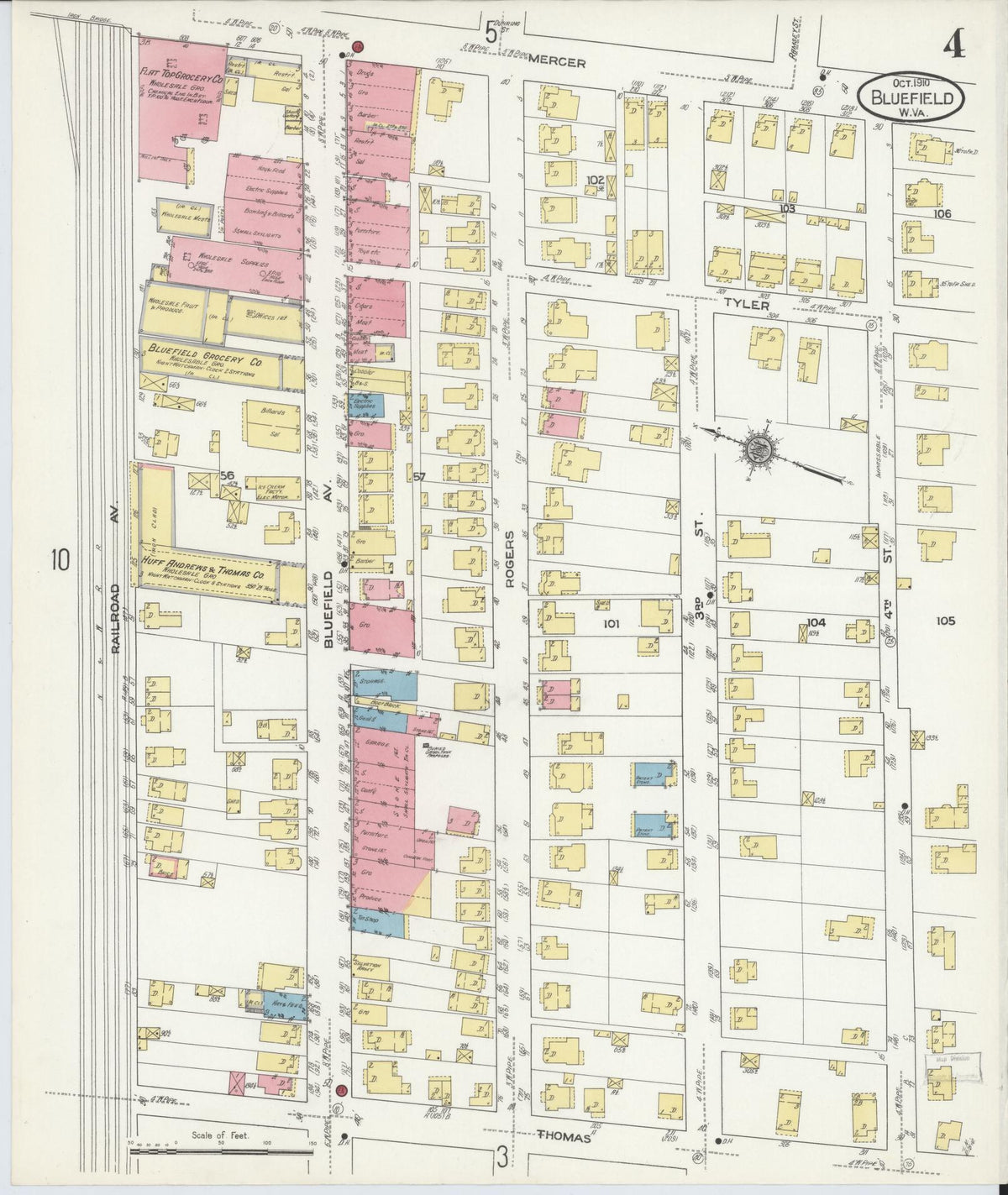 Sanborn Fire Insurance Map from Bluefield, Mercer County, West Virginia (1910), Sheet #0004 - Historic Sanborn Fire Insurance Map Print, vintage old map wall art, antique decor, genealogy gift, West Virginia West Virginia map