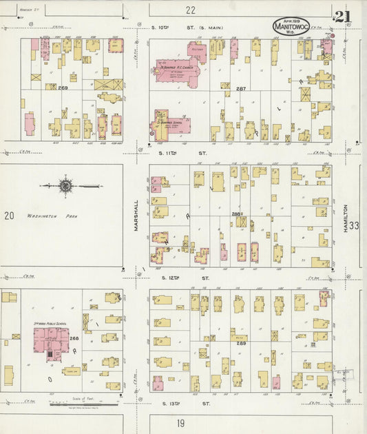 Sanborn Fire Insurance Map from Manitowoc, Manitowoc County, Wisconsin (1919), Sheet #0021 - Historic Sanborn Fire Insurance Map Print, vintage old map wall art, antique decor, genealogy gift, Wisconsin Wisconsin map