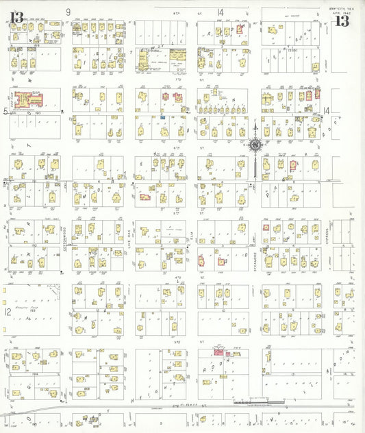 Sanborn Fire Insurance Map from Bay City, Matagorda County, Texas (1942), Sheet #0013 - Historic Sanborn Fire Insurance Map Print, vintage old map wall art, antique decor, genealogy gift, Texas Texas map