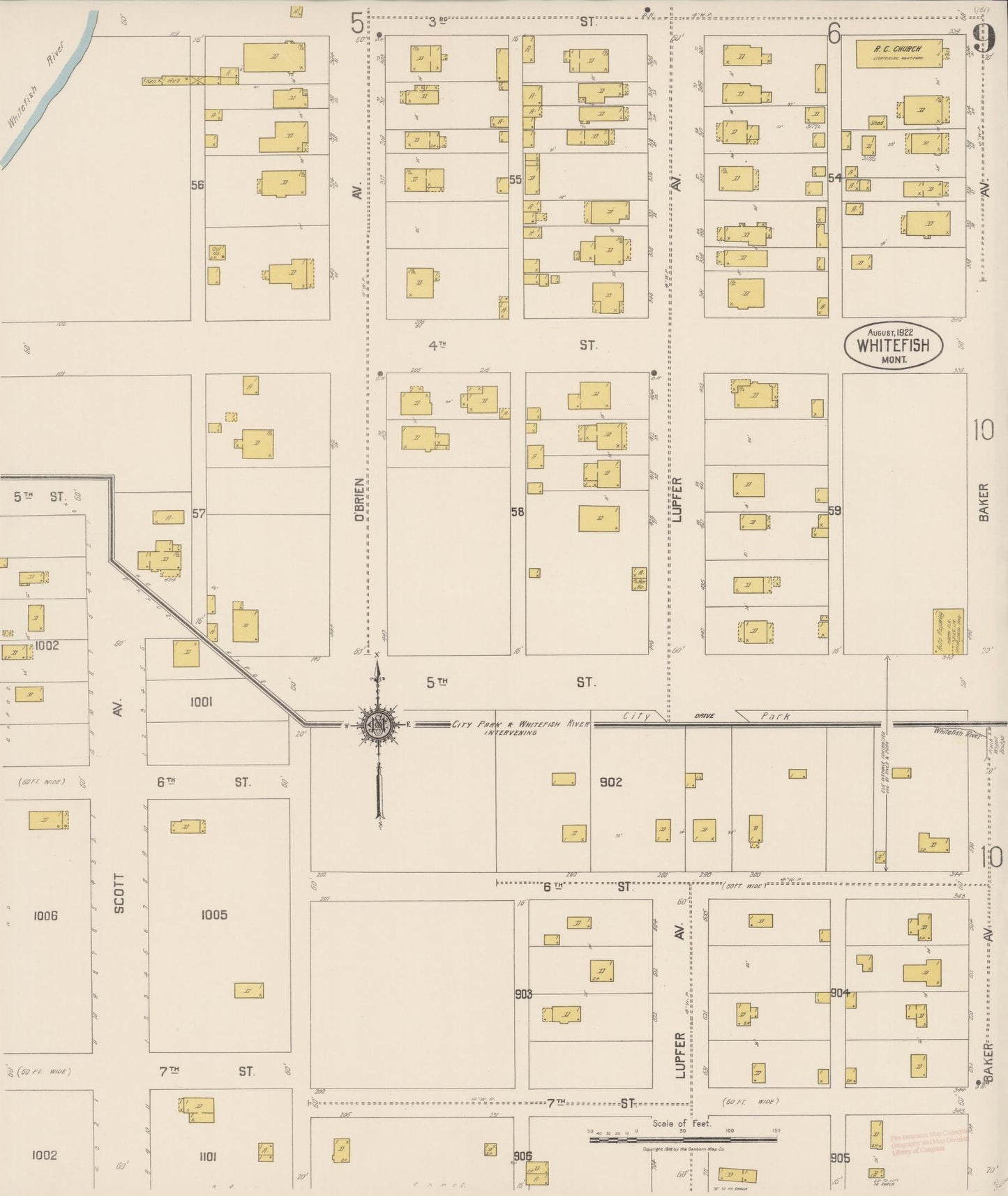 Sanborn Fire Insurance Map from Whitefish, Flathead County, Montana (1922), Sheet #0009 - Complete Map Set gallery image, historic Sanborn map, vintage wall art, Montana Montana