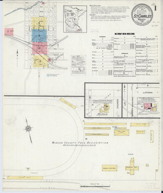 Sanborn Fire Insurance Map from Saint Charles, Winona County, Minnesota (1915), Sheet #0001 - Historic Sanborn Fire Insurance Map Print, vintage old map wall art, antique decor, genealogy gift, Minnesota Minnesota map
