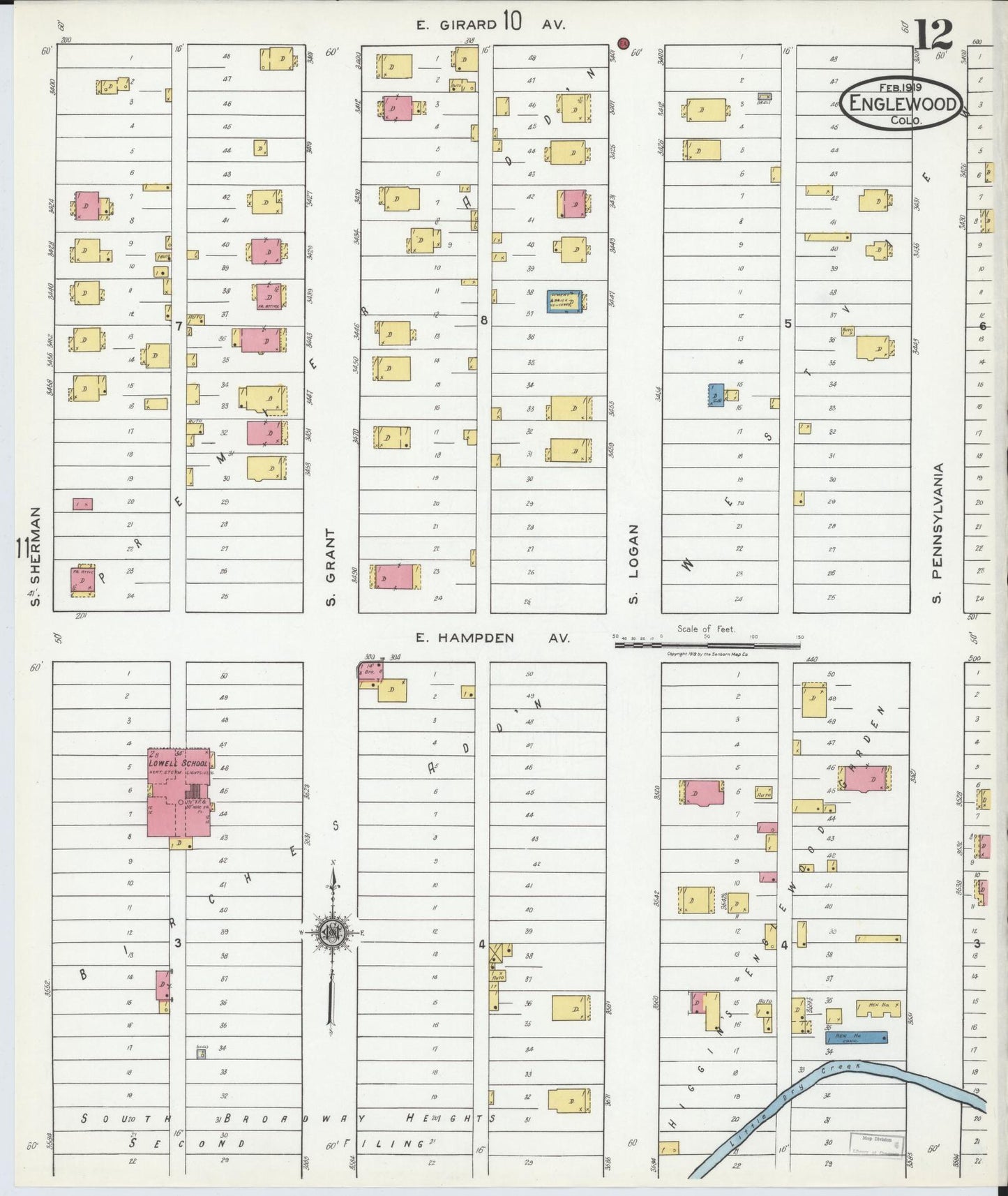 Sanborn Fire Insurance Map from Englewood, Arapahoe County, Colorado (1919), Sheet #0012 - Historic Sanborn Fire Insurance Map Print, vintage old map wall art, antique decor, genealogy gift, Colorado Colorado map
