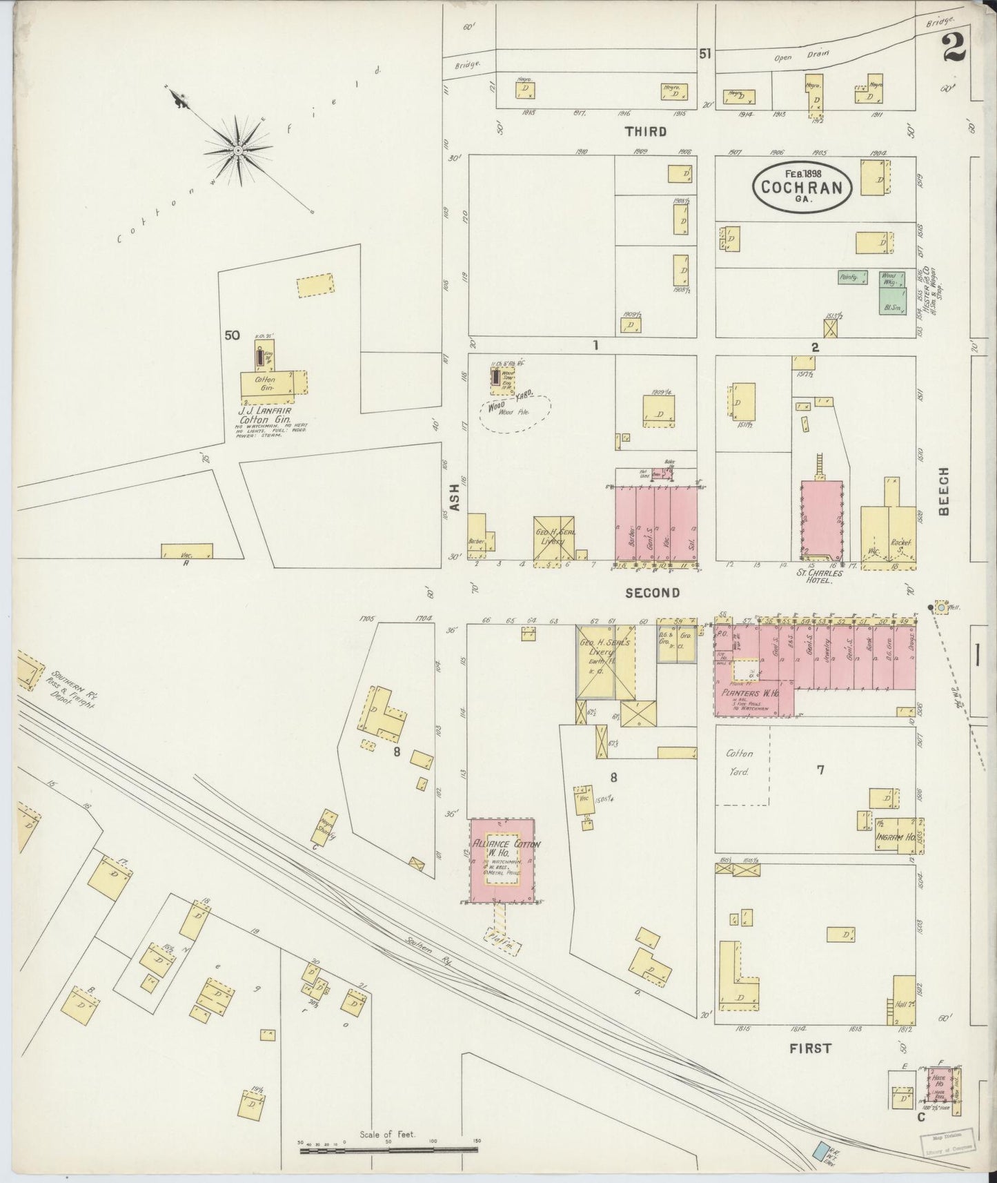 Sanborn Fire Insurance Map from Cochran, Bleckley County, Georgia (1898), Sheet #0002 - Historic Sanborn Fire Insurance Map Print, vintage old map wall art, antique decor, genealogy gift, Georgia Georgia map