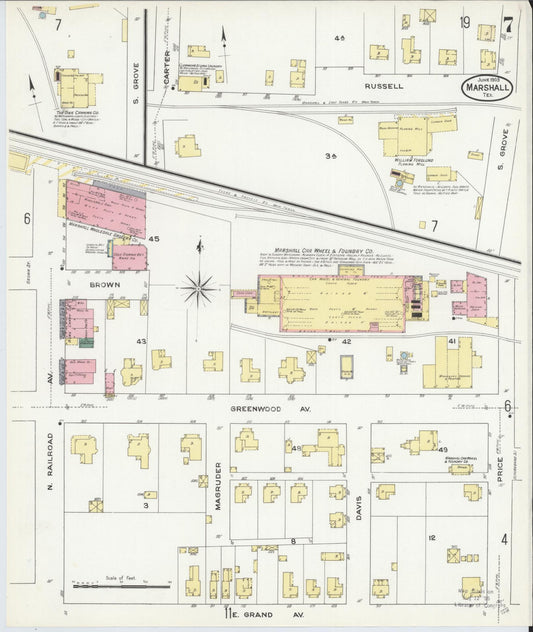 Sanborn Fire Insurance Map from Marshall, Harrison County, Texas (1909), Sheet #0007 - Historic Sanborn Fire Insurance Map Print, vintage old map wall art, antique decor, genealogy gift, Texas Texas map
