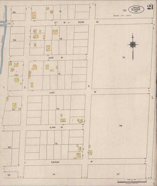 Sanborn Fire Insurance Map from Seaside, Clatsop County, Oregon (1921), Sheet #0021 - Historic Sanborn Fire Insurance Map Print, vintage old map wall art, antique decor, genealogy gift, Oregon Oregon map