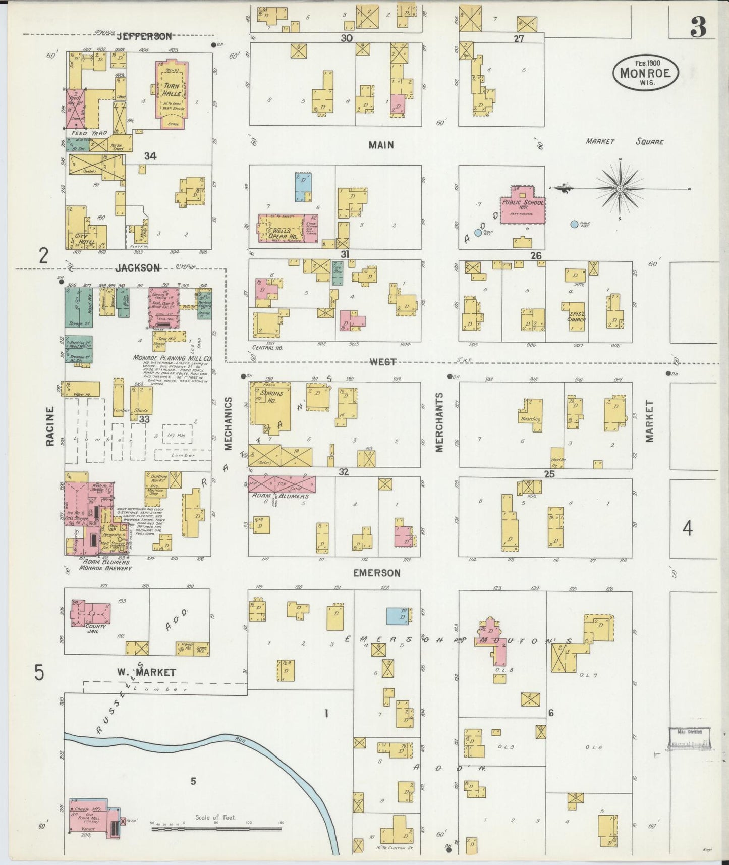 Sanborn Fire Insurance Map from Monroe, Green County, Wisconsin (1900), Sheet #0003 - Complete Map Set gallery image, historic Sanborn map, vintage wall art, Wisconsin Wisconsin