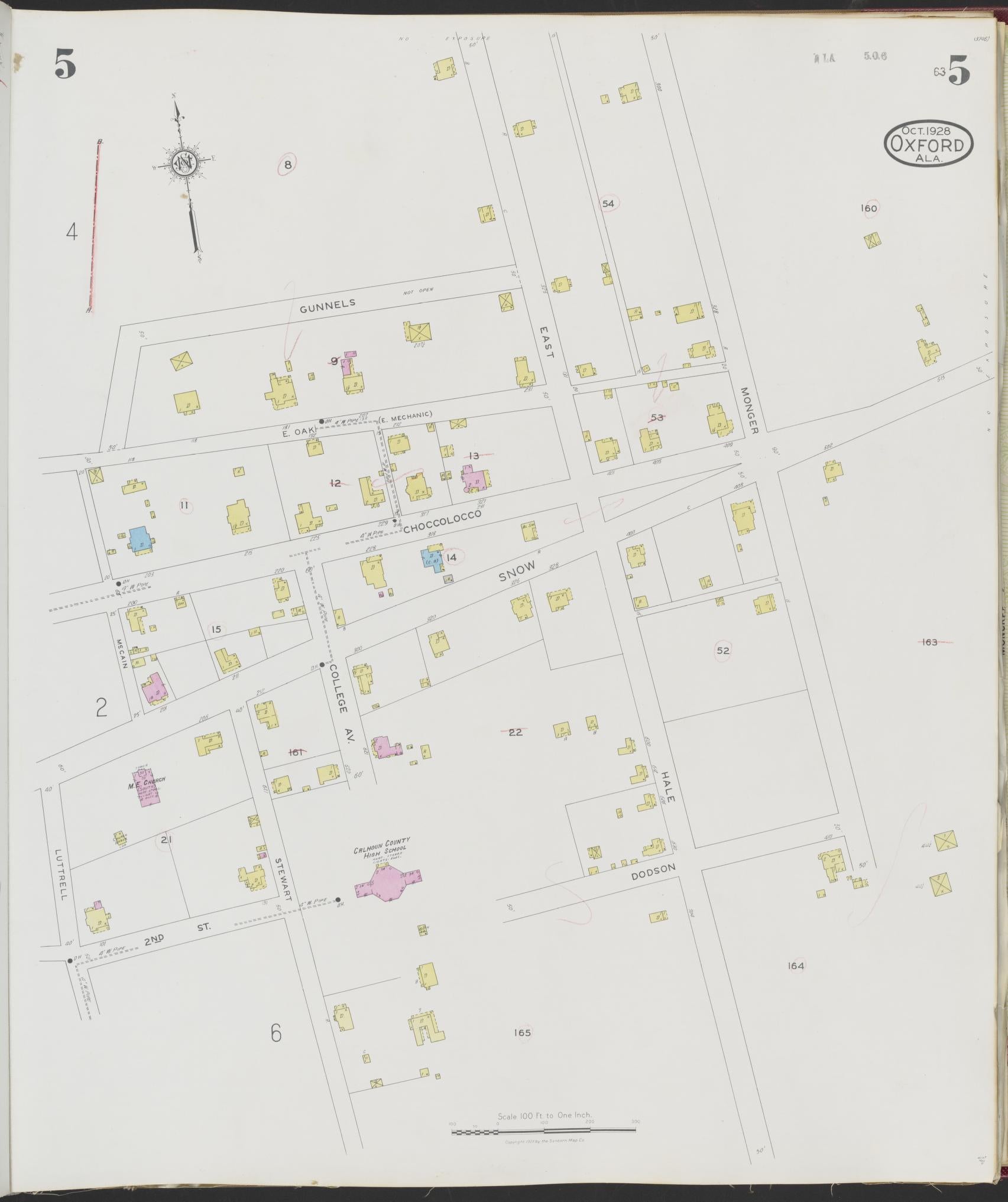 Sanborn Fire Insurance Map from Oxford, Calhoun County, Alabama (1928), Sheet #0005 - Historic Sanborn Fire Insurance Map Print, vintage old map wall art, antique decor, genealogy gift, Alabama Alabama map