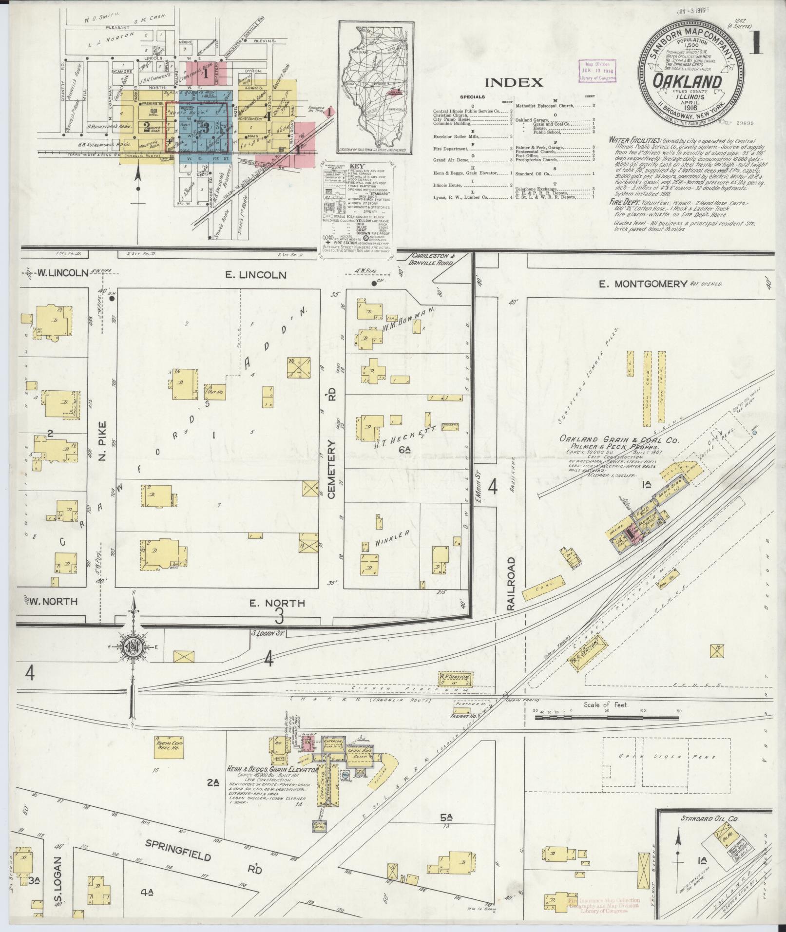 Sanborn Fire Insurance Map from Oakland, Coles County, Illinois (1916), Sheet #0001 - Complete Map Set gallery image, historic Sanborn map, vintage wall art, Illinois Illinois