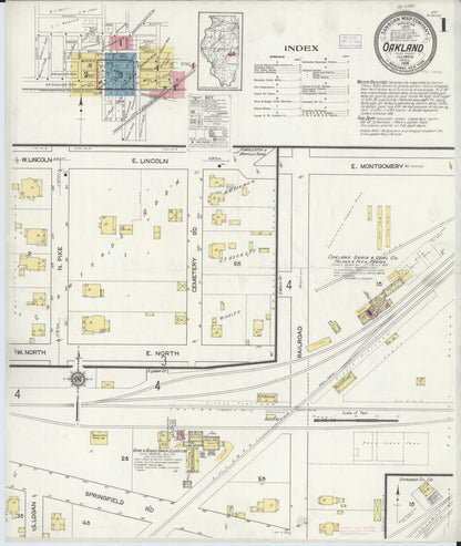 Sanborn Fire Insurance Map from Oakland, Coles County, Illinois (1916), Sheet #0001 - Complete Map Set gallery image, historic Sanborn map, vintage wall art, Illinois Illinois