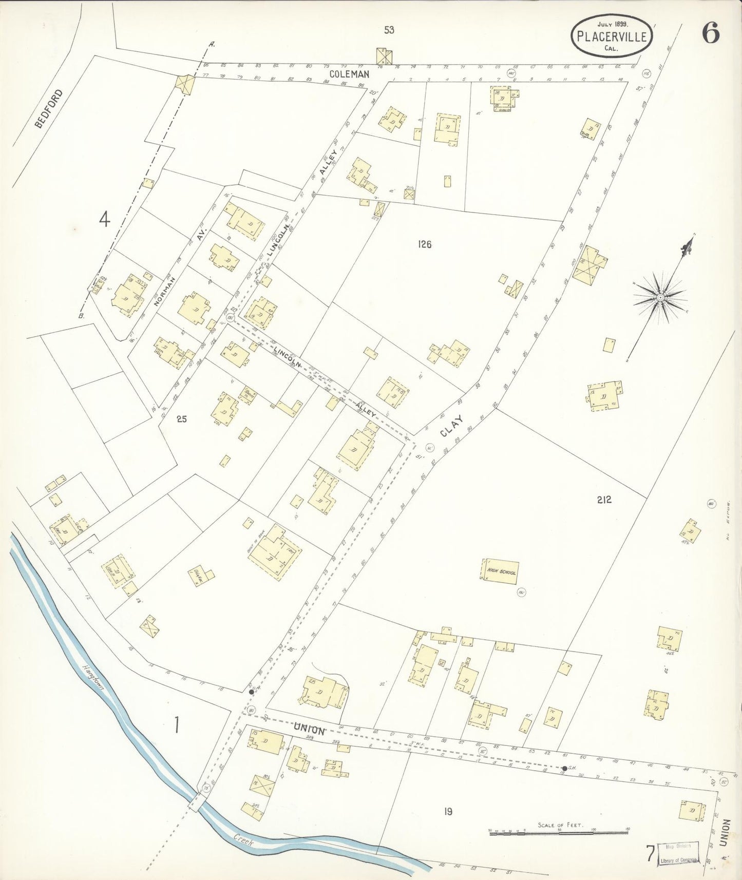Sanborn Fire Insurance Map from Placerville, El Dorado County, California (1899), Sheet #0006 - Complete Map Set gallery image, historic Sanborn map, vintage wall art, California California