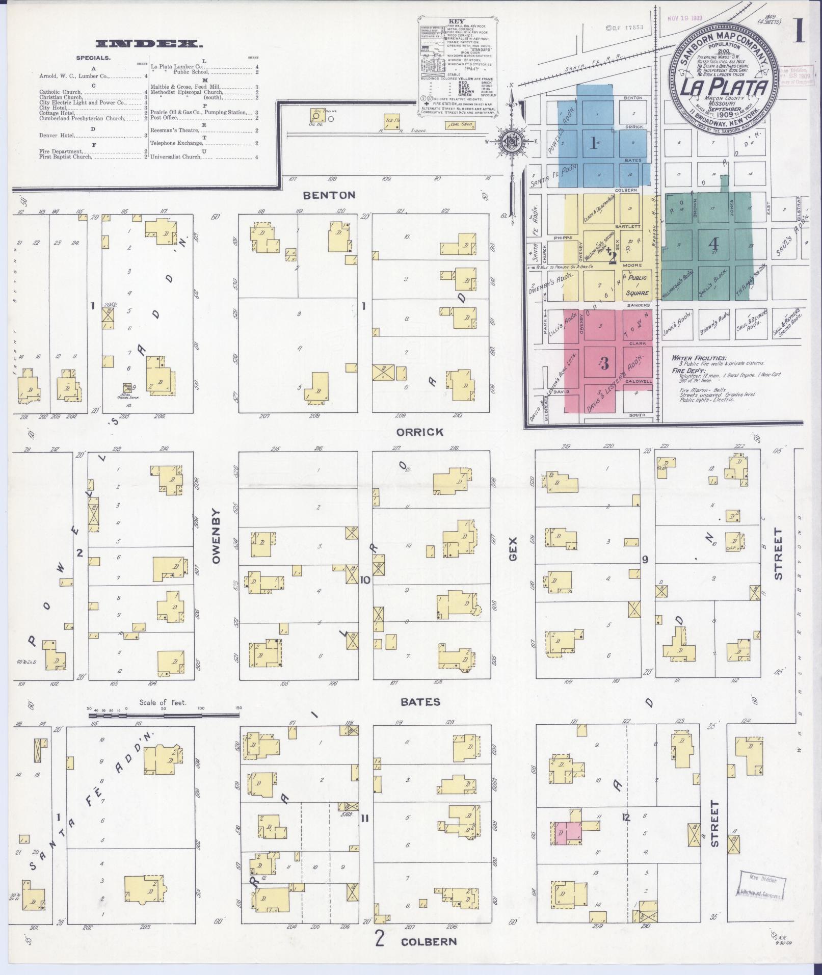 Sanborn Fire Insurance Map from La Plata, Macon County, Missouri (1909), Sheet #0001 - Complete Map Set gallery image, historic Sanborn map, vintage wall art, Missouri Missouri