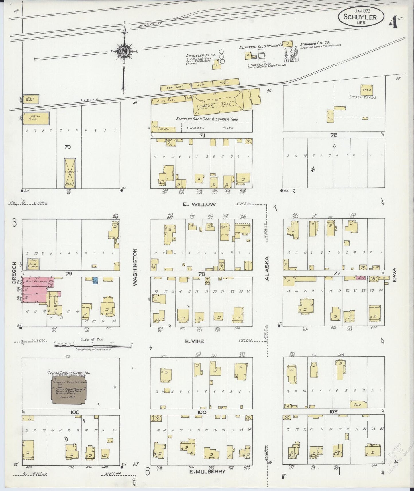 Sanborn Fire Insurance Map from Schuyler, Colfax County, Nebraska (1923), Sheet #0004 - Complete Map Set gallery image, historic Sanborn map, vintage wall art, Nebraska Nebraska