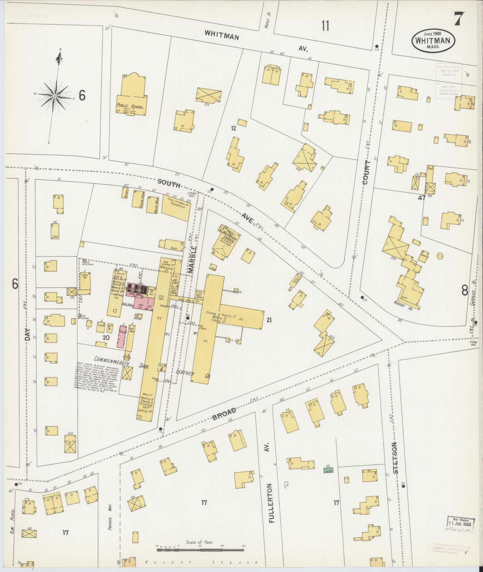 Sanborn Fire Insurance Map from Whitman, Plymouth County, Massachusetts (1900), Sheet #0007 - Complete Map Set gallery image, historic Sanborn map, vintage wall art, Massachusetts Massachusetts
