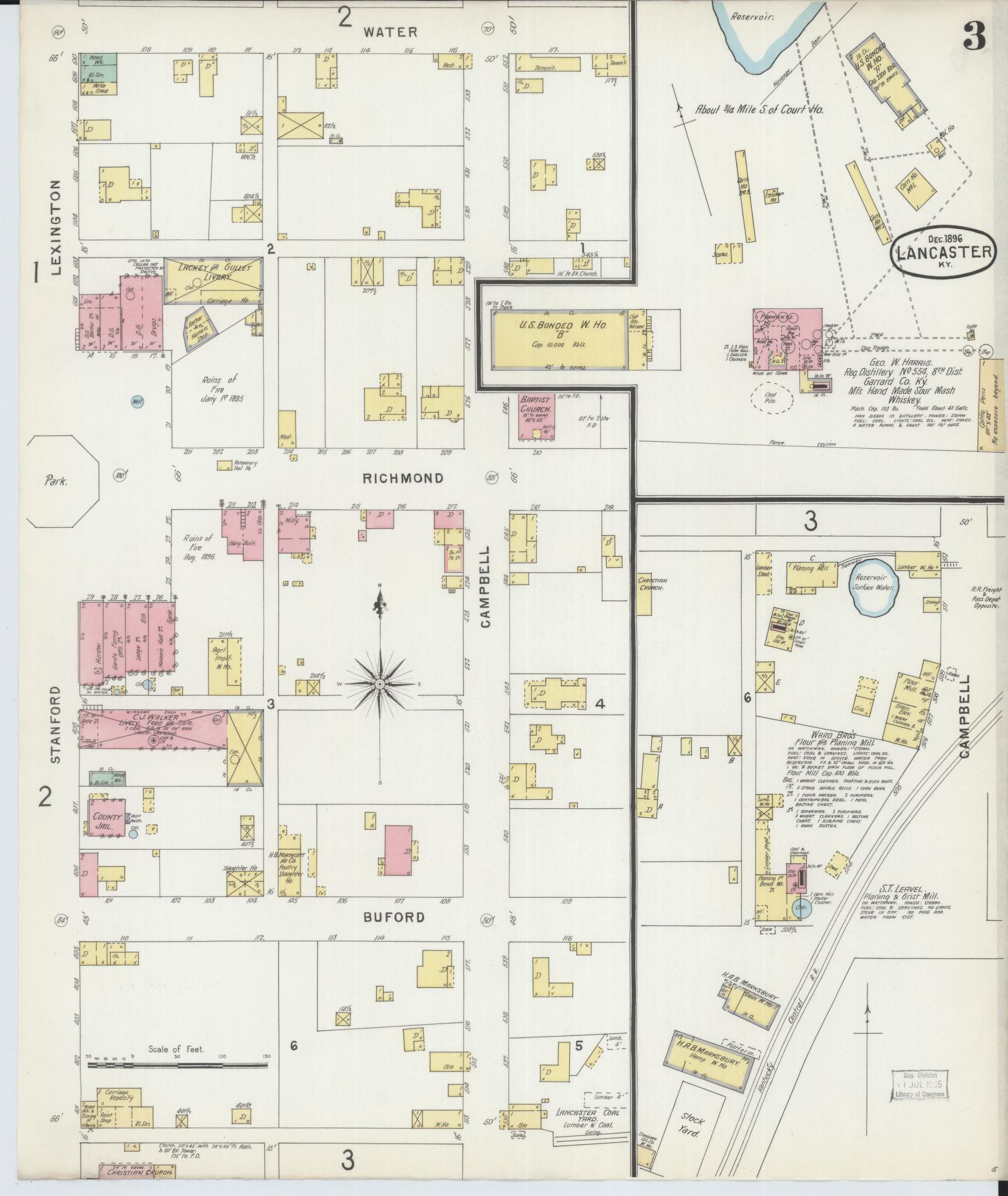 Sanborn Fire Insurance Map from Lancaster, Garrard County, Kentucky (1896), Sheet #0003 - Historic Sanborn Fire Insurance Map Print, vintage old map wall art, antique decor, genealogy gift, Kentucky Kentucky map
