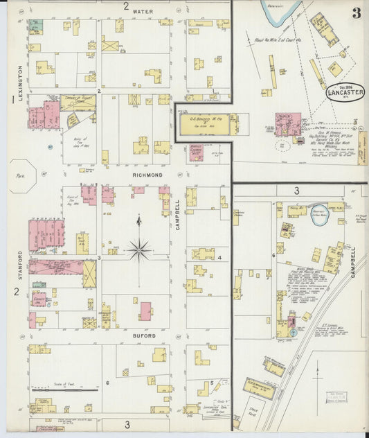 Sanborn Fire Insurance Map from Lancaster, Garrard County, Kentucky (1896), Sheet #0003 - Historic Sanborn Fire Insurance Map Print, vintage old map wall art, antique decor, genealogy gift, Kentucky Kentucky map