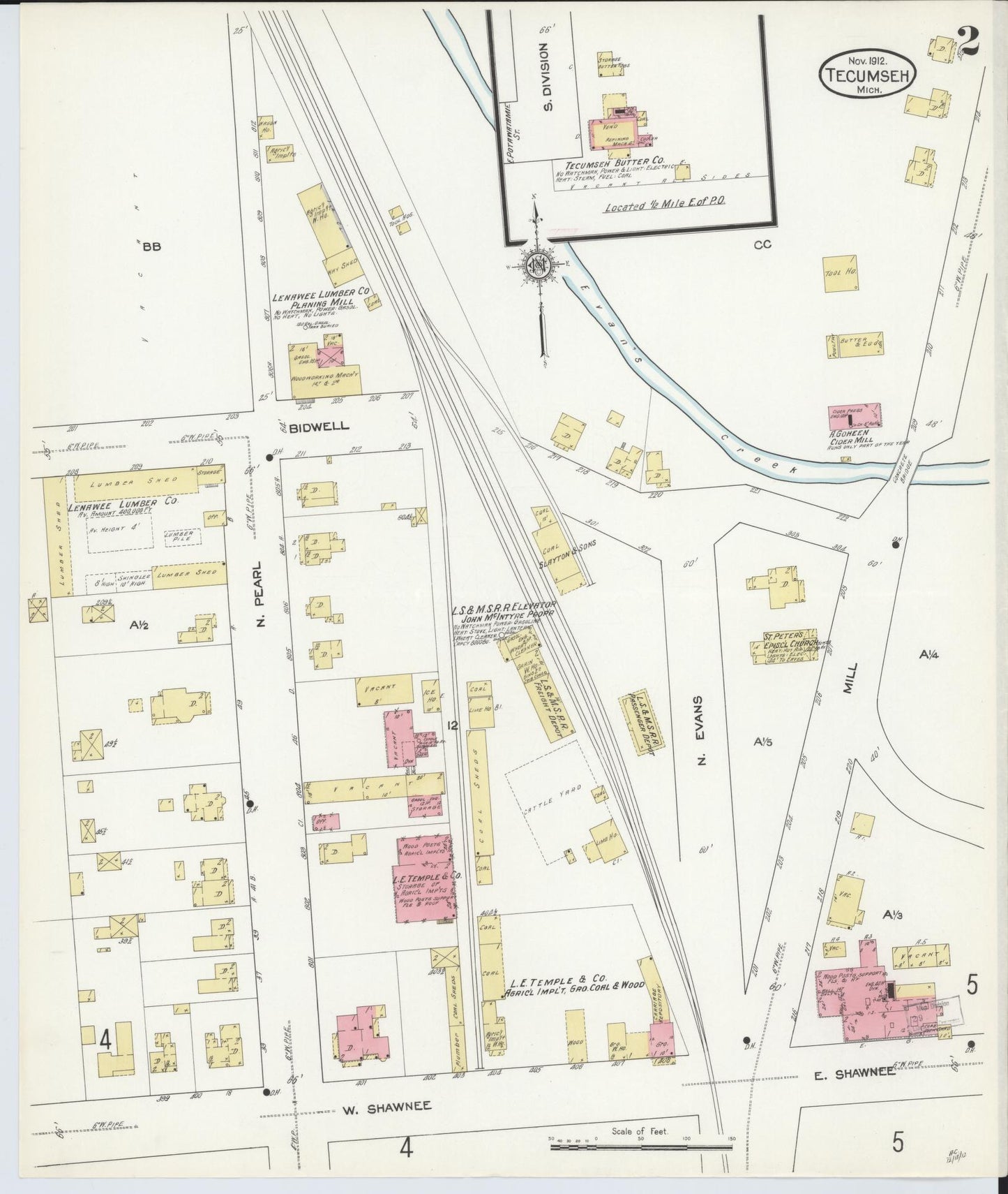 Sanborn Fire Insurance Map from Tecumseh, Lenawee County, Michigan (1912), Sheet #0002 - Historic Sanborn Fire Insurance Map Print, vintage old map wall art, antique decor, genealogy gift, Michigan Michigan map