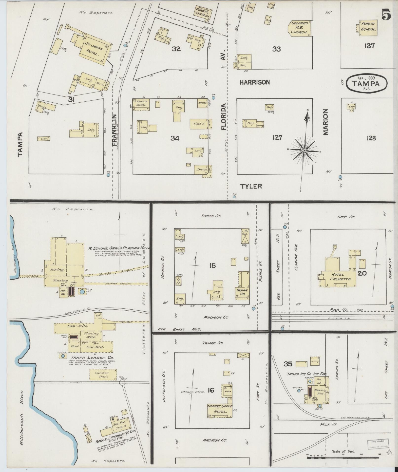 Sanborn Fire Insurance Map from Tampa, Hillsborough County, Florida (1889), Sheet #0005 - Historic Sanborn Fire Insurance Map Print, vintage old map wall art, antique decor, genealogy gift, Florida Florida map