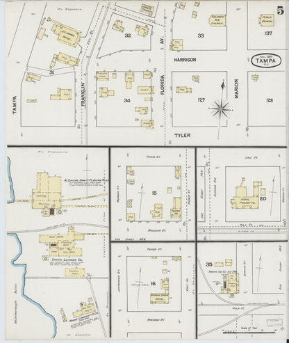 Sanborn Fire Insurance Map from Tampa, Hillsborough County, Florida (1889), Sheet #0005 - Historic Sanborn Fire Insurance Map Print, vintage old map wall art, antique decor, genealogy gift, Florida Florida map