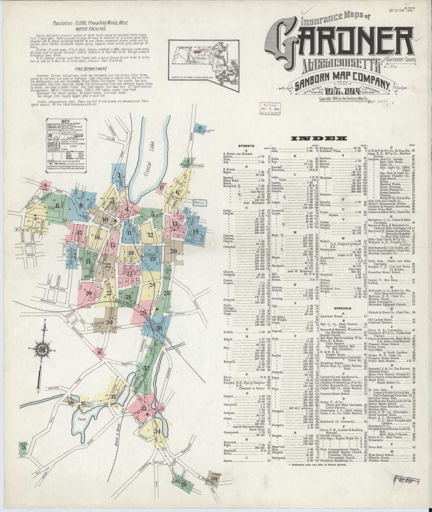 Sanborn Fire Insurance Map from Gardner, Worcester County, Massachusetts (1914), Sheet #0001 - Historic Sanborn Fire Insurance Map Print, vintage old map wall art, antique decor, genealogy gift, Massachusetts Massachusetts map