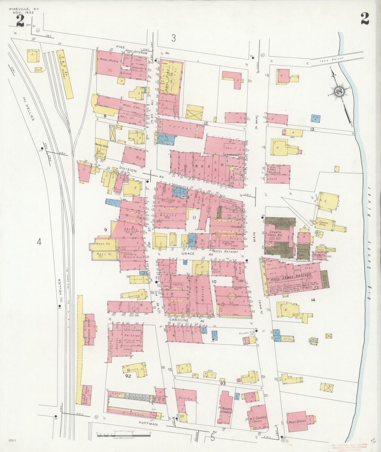 Sanborn Fire Insurance Map from Pikeville, Pike County, Kentucky (1932), Sheet #0002 - Complete Map Set gallery image, historic Sanborn map, vintage wall art, Kentucky Kentucky