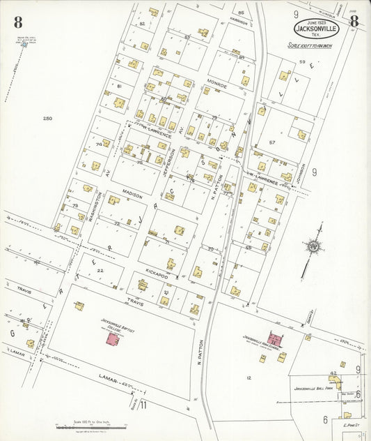 Sanborn Fire Insurance Map from Jacksonville, Cherokee County, Texas (1923), Sheet #0008 - Historic Sanborn Fire Insurance Map Print, vintage old map wall art, antique decor, genealogy gift, Texas Texas map