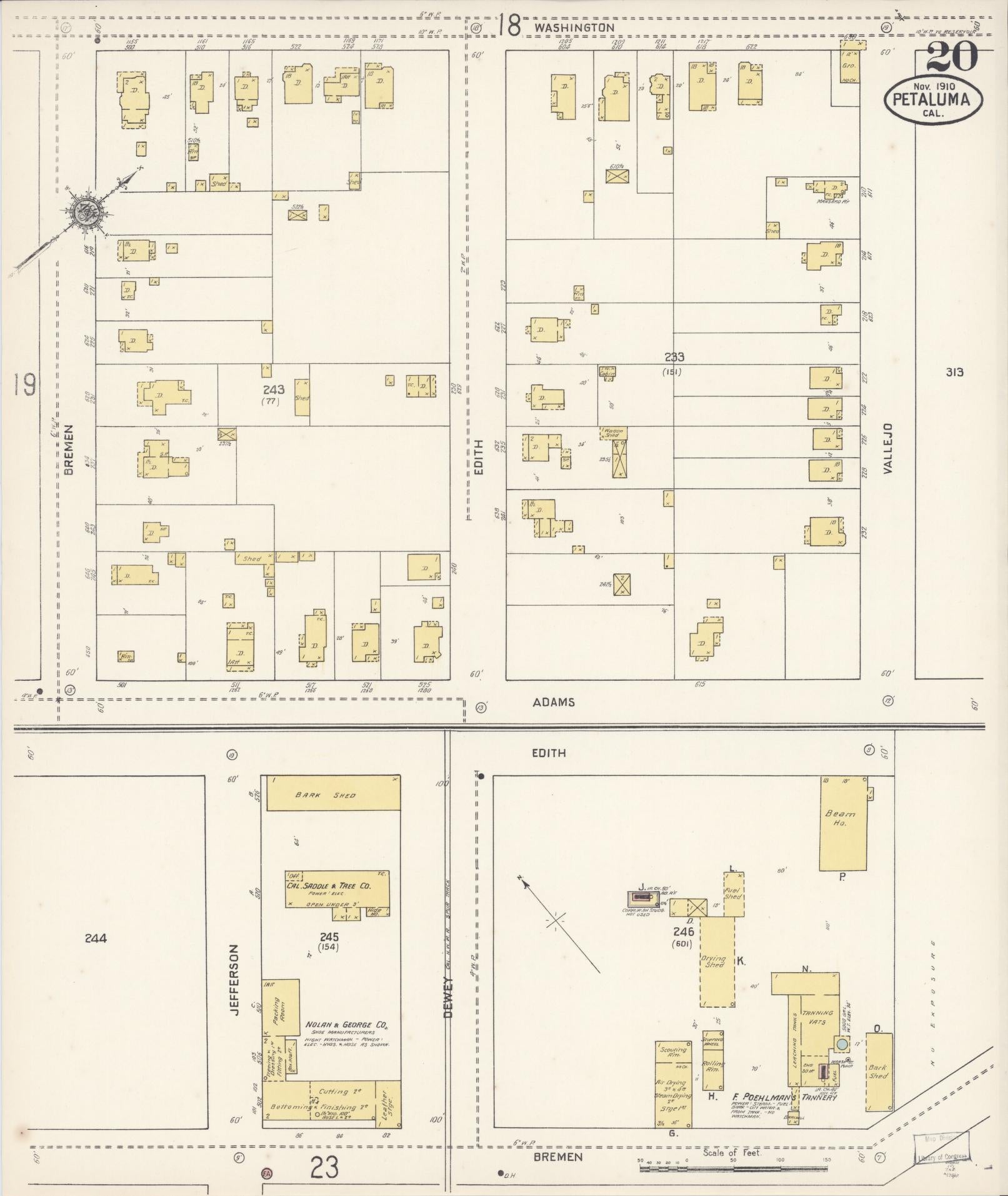 Sanborn Fire Insurance Map from Petaluma, Sonoma County, California (1910), Sheet #0020 - Complete Map Set gallery image, historic Sanborn map, vintage wall art, California California