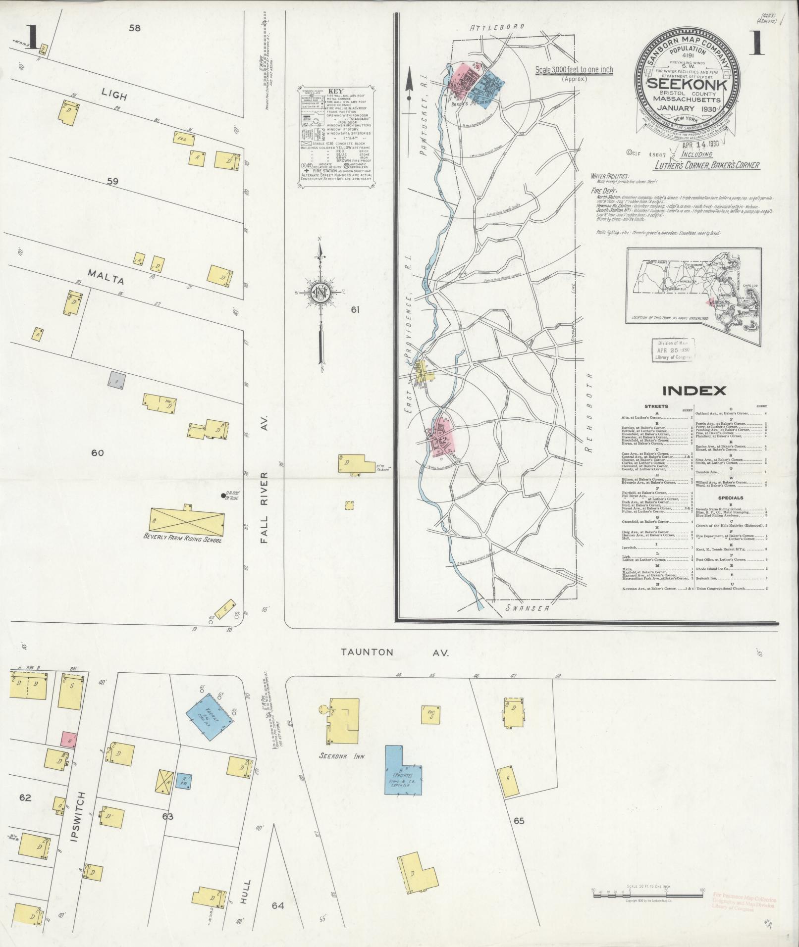 Sanborn Fire Insurance Map from Seekonk, Bristol County, Massachusetts (1930), Sheet #0001 - Complete Map Set gallery image, historic Sanborn map, vintage wall art, Massachusetts Massachusetts