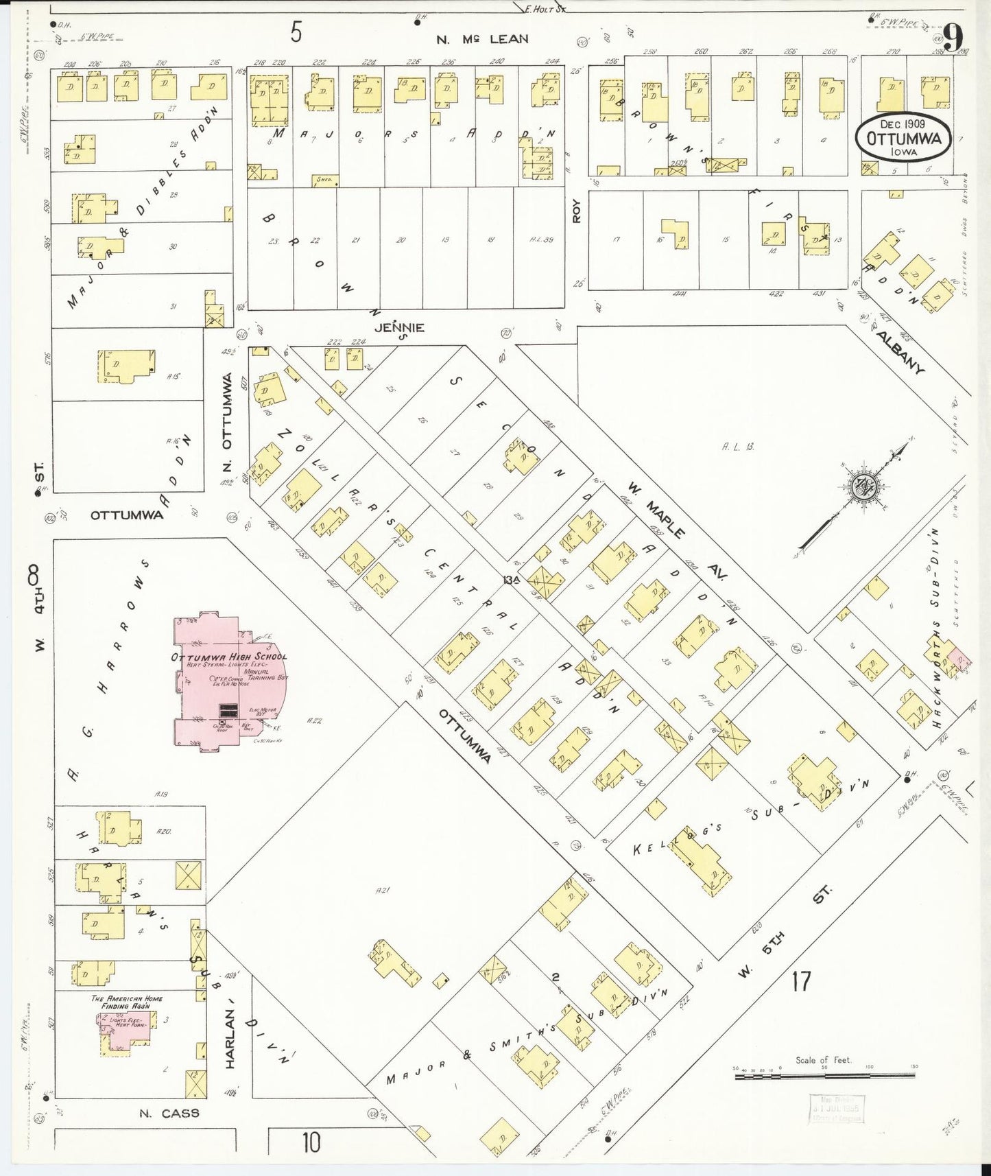Sanborn Fire Insurance Map from Ottumwa, Wapello County, Iowa (1909), Sheet #0009 - Historic Sanborn Fire Insurance Map Print, vintage old map wall art