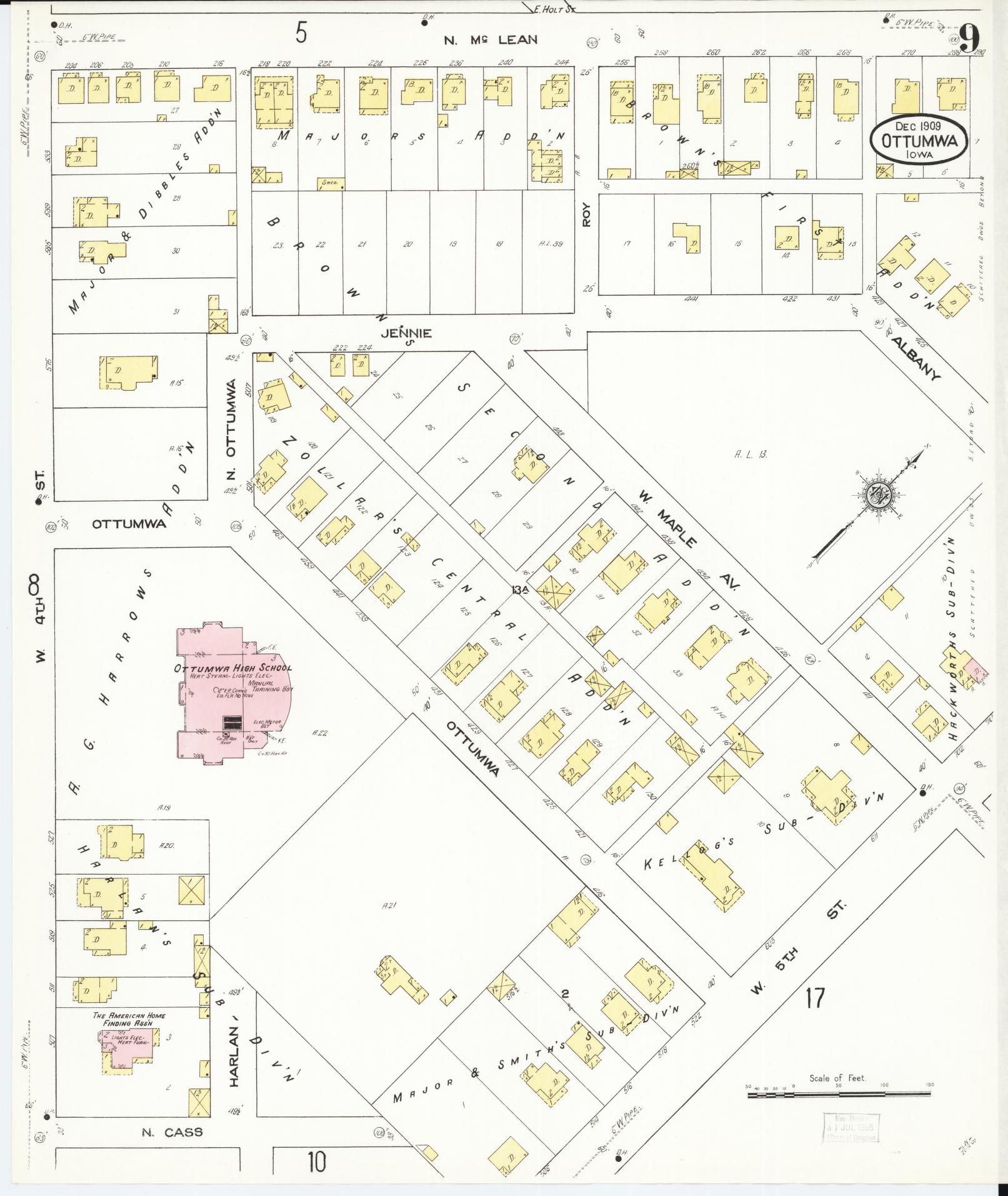 Sanborn Fire Insurance Map from Ottumwa, Wapello County, Iowa (1909), Sheet #0009 - Historic Sanborn Fire Insurance Map Print, vintage old map wall art
