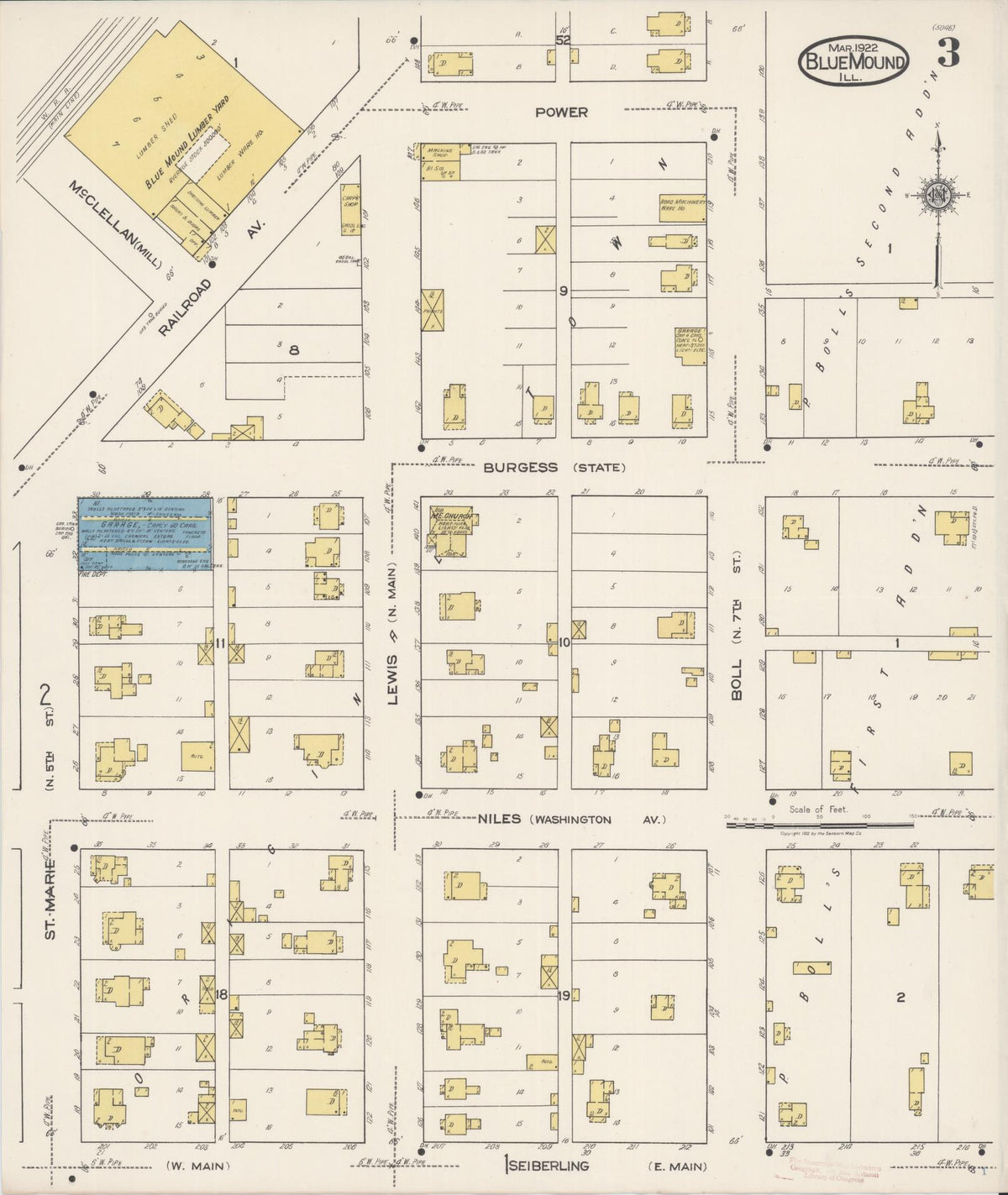 Sanborn Fire Insurance Map from Blue Mound, Macon County, Illinois (1922), Sheet #0003 - Historic Sanborn Fire Insurance Map Print, vintage old map wall art, antique decor, genealogy gift, Illinois Illinois map