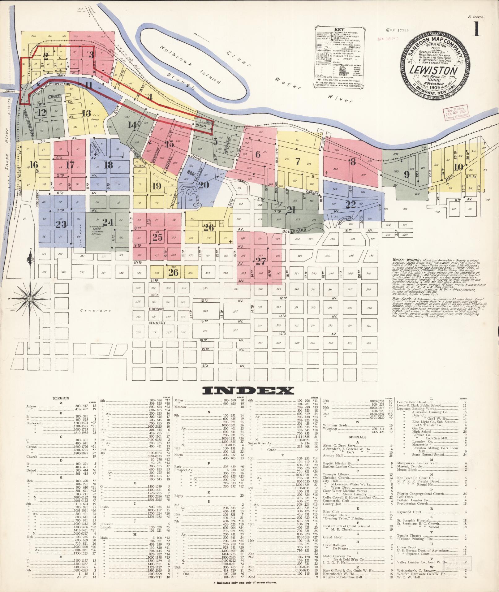 Sanborn Fire Insurance Map from Lewiston, Nez Perce County, Idaho (1909), Sheet #0001 - Historic Sanborn Fire Insurance Map Print, vintage old map wall art, antique decor, genealogy gift, Idaho Idaho map
