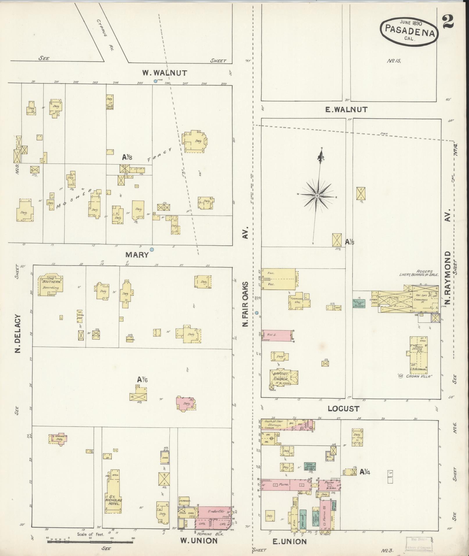 Sanborn Fire Insurance Map from Pasadena, Los Angeles County, California (1890), Sheet #0002 - Complete Map Set gallery image, historic Sanborn map, vintage wall art, California California
