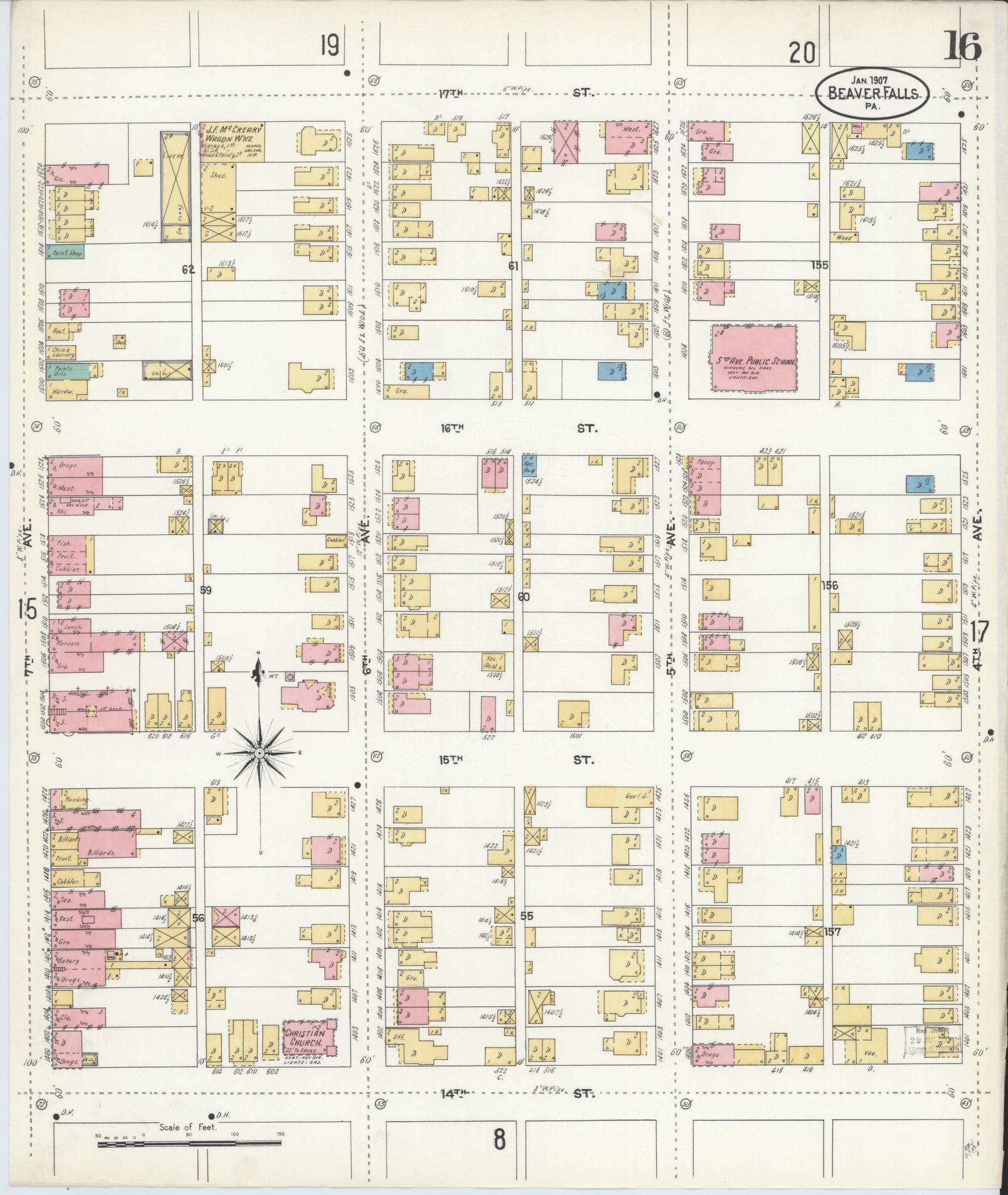 Sanborn Fire Insurance Map from Beaver Falls, Beaver County, Pennsylvania (1907), Sheet #0016 - Historic Sanborn Fire Insurance Map Print, vintage old map wall art, antique decor, genealogy gift, Pennsylvania Pennsylvania map